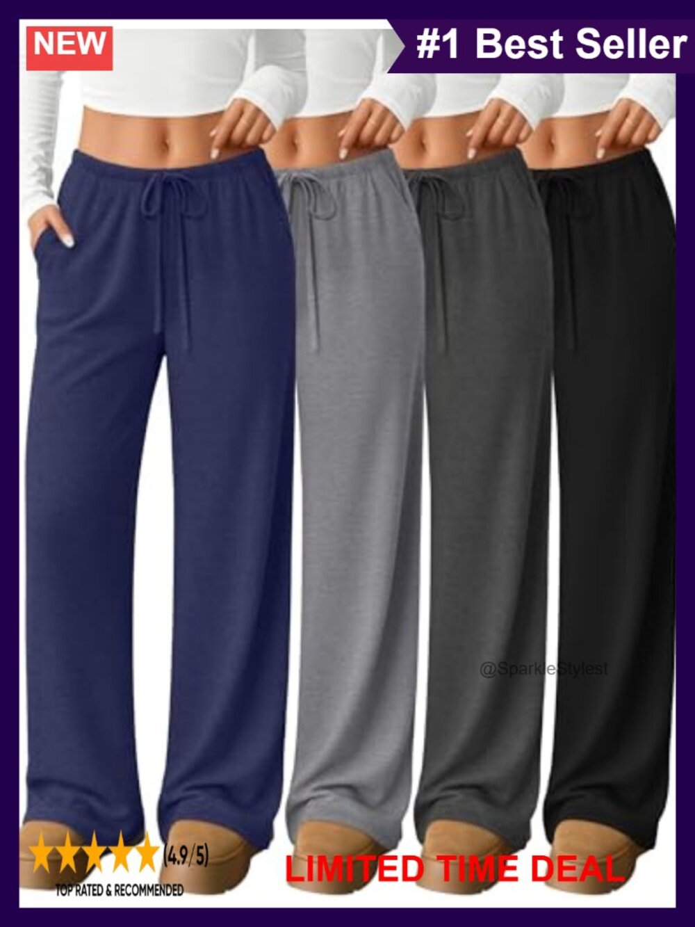 4 Pack Women's Lounge Pants Wide Leg Drawstring Pockets
